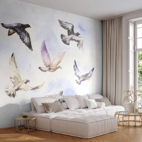 Fotomural Premium Sand - Libertad en gris y azul - Aves, Gráficos, Pedazo - 350x256 cm
