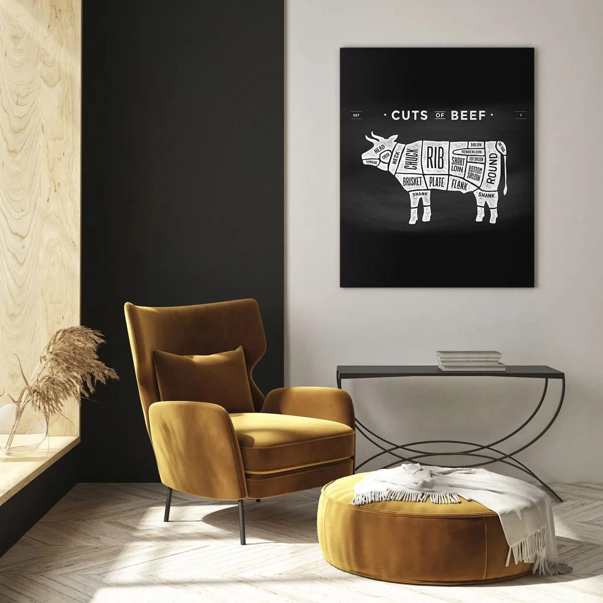 Cuadro sobre vidrio - Impresiones sobre Vidrio - Diagrama de cortes de carne de res sobre un fondo negro - 70x100cm - Manual del carnicero - Decoración de pared moderna para salón y dormitorio ARTTOR