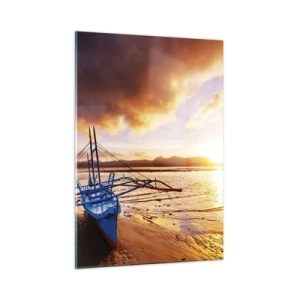 Cuadro sobre vidrio - Impresiones sobre Vidrio - Barco en la playa al atardecer con un cielo espectacular - 50x70cm - Después de un largo día, relájate en la arena - Decoración de pared moderna para salón y dormitorio ARTTOR