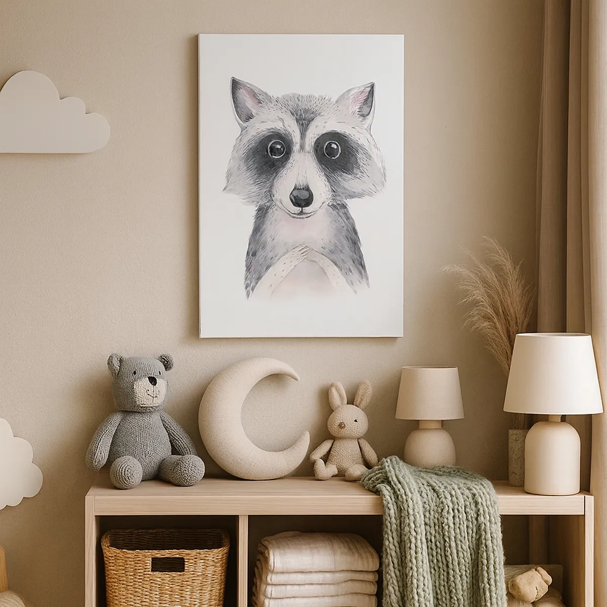 Cuadro sobre lienzo - Impresión de Imagen - Adorable retrato de un mapache sobre un fondo blanco. - 50x70cm - Un momento para la emoción - Decoración de pared moderna para salón y dormitorio ARTTOR