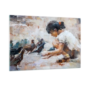 Cuadro sobre vidrio - Impresiones sobre Vidrio - Una niña alimentando pájaros sobre un fondo impresionista. - 120x80cm - Pequeños y dulces - Decoración de pared moderna para salón y dormitorio ARTTOR