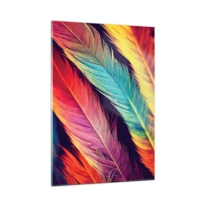 Cuadro sobre vidrio - Impresiones sobre Vidrio - Plumas de colores en intensos tonos arcoíris. - 50x70cm - Arco iris plumoso - Decoración de pared moderna para salón y dormitorio ARTTOR