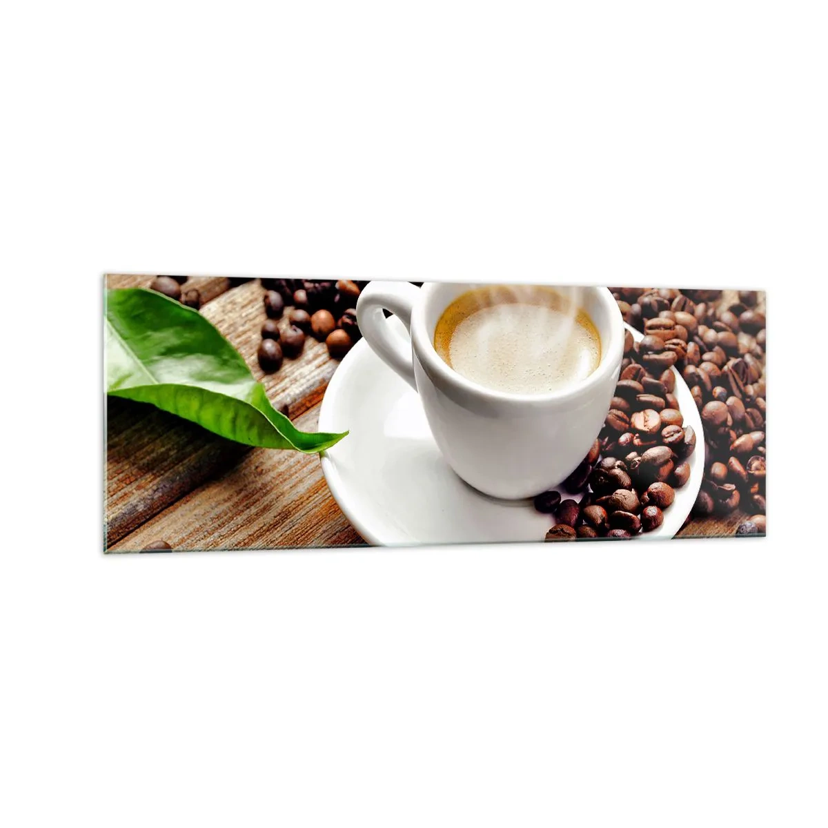 Cuadro sobre vidrio - Impresiones sobre Vidrio - Una taza de café aromático sobre un fondo de granos y una hoja. - 140x50cm - Café en el banco - Decoración de pared moderna para salón y dormitorio ARTTOR