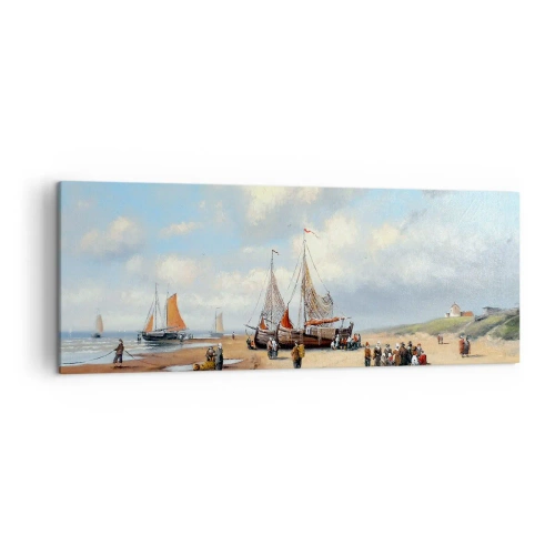 Cuadro sobre lienzo - Impresión de Imagen - Barcos de pesca en la playa con figuras humanas - 140x50cm - Después de una pesca exitosa - Decoración de pared moderna para salón y dormitorio ARTTOR
