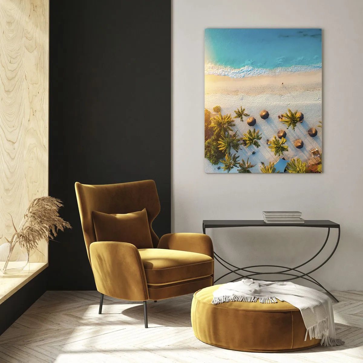 Cuadro sobre vidrio - Impresiones sobre Vidrio - Vista aérea de una playa tropical con palmeras y sombrillas. - 50x70cm - Bienvenidos al paraíso - Decoración de pared moderna para salón y dormitorio ARTTOR
