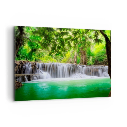 Cuadro sobre lienzo - Impresión de Imagen - Una cascada verde rodeada de densa vegetación tropical. - 100x70cm - Cascada en verde - Decoración de pared moderna para salón y dormitorio ARTTOR