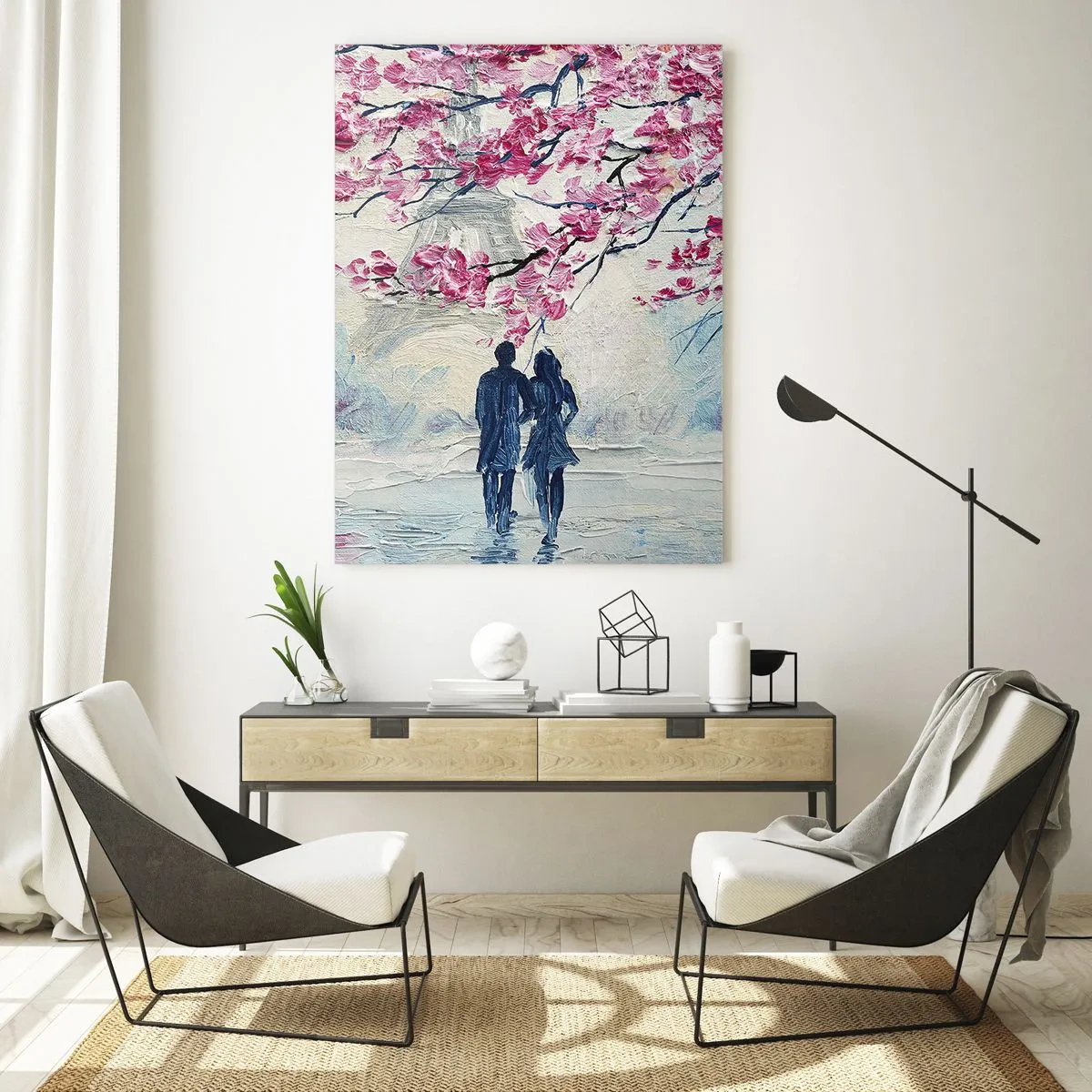 Cuadro sobre vidrio - Impresiones sobre Vidrio - Una pareja caminando bajo árboles en flor. - 50x70cm - Un paseo romántico - Decoración de pared moderna para salón y dormitorio ARTTOR