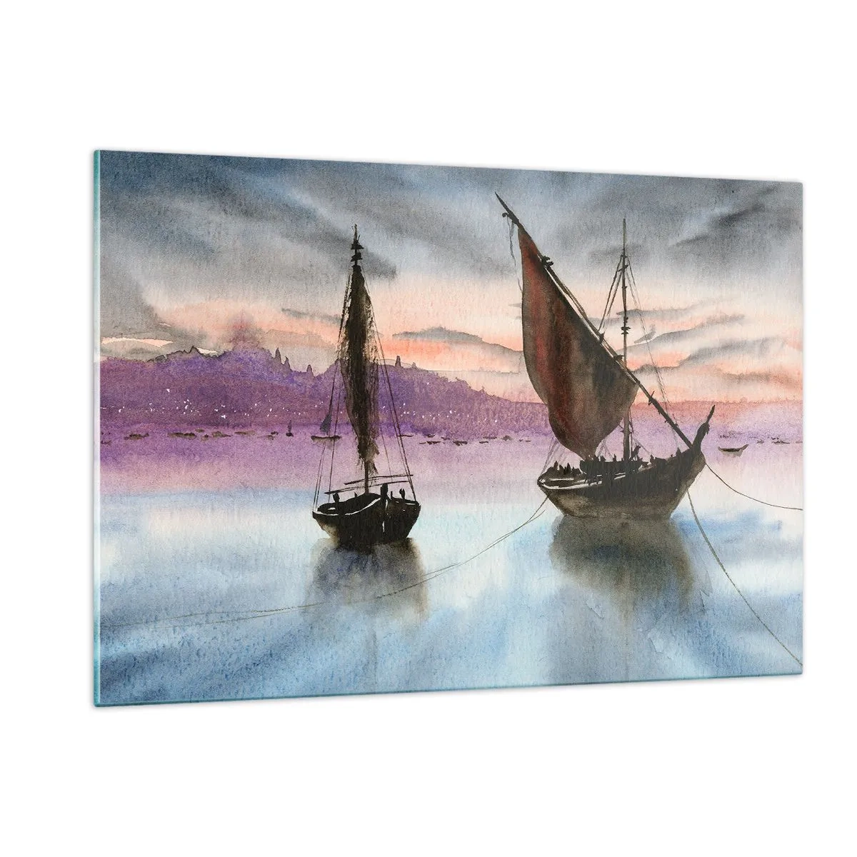 Cuadro sobre vidrio - Impresiones sobre Vidrio - Dos veleros en aguas tranquilas al atardecer - 120x80cm - Atardecer en el puerto - Decoración de pared moderna para salón y dormitorio ARTTOR