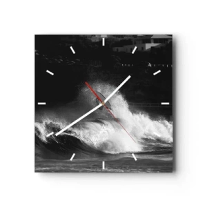 Reloj de pared - Reloj de vidrio - Un surfista montando una ola en monocromo. - 30x30cm - Desafío aceptado - Decoración de pared moderna para salón y dormitorio ARTTOR