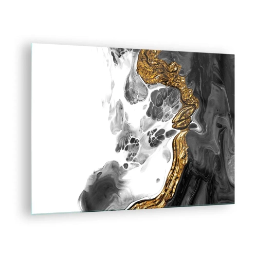 Cuadro sobre vidrio - Impresiones sobre Vidrio - Composición abstracta de negro, blanco y dorado. - 70x50cm - Composición orgánica - Decoración de pared moderna para salón y dormitorio ARTTOR