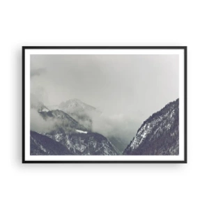 Póster en marco negro - Un valle de montaña envuelto en niebla en tonos grises. - 100x70cm - Valle de la niebla - Decoración de pared moderna para salón y dormitorio ARTTOR