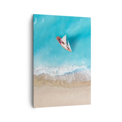 Cuadro sobre lienzo - Impresión de Imagen - Una vista de pájaro de un barco en la playa. - 70x100cm - Frontera celeste y dorada - Decoración de pared moderna para salón y dormitorio ARTTOR