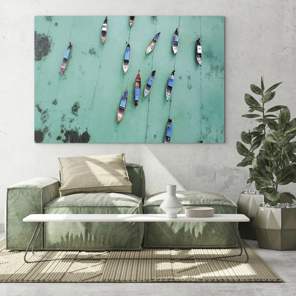 Cuadro sobre vidrio - Impresiones sobre Vidrio - Barcos en aguas turquesas vistos desde arriba - 120x80cm - En alegre espera - Decoración de pared moderna para salón y dormitorio ARTTOR