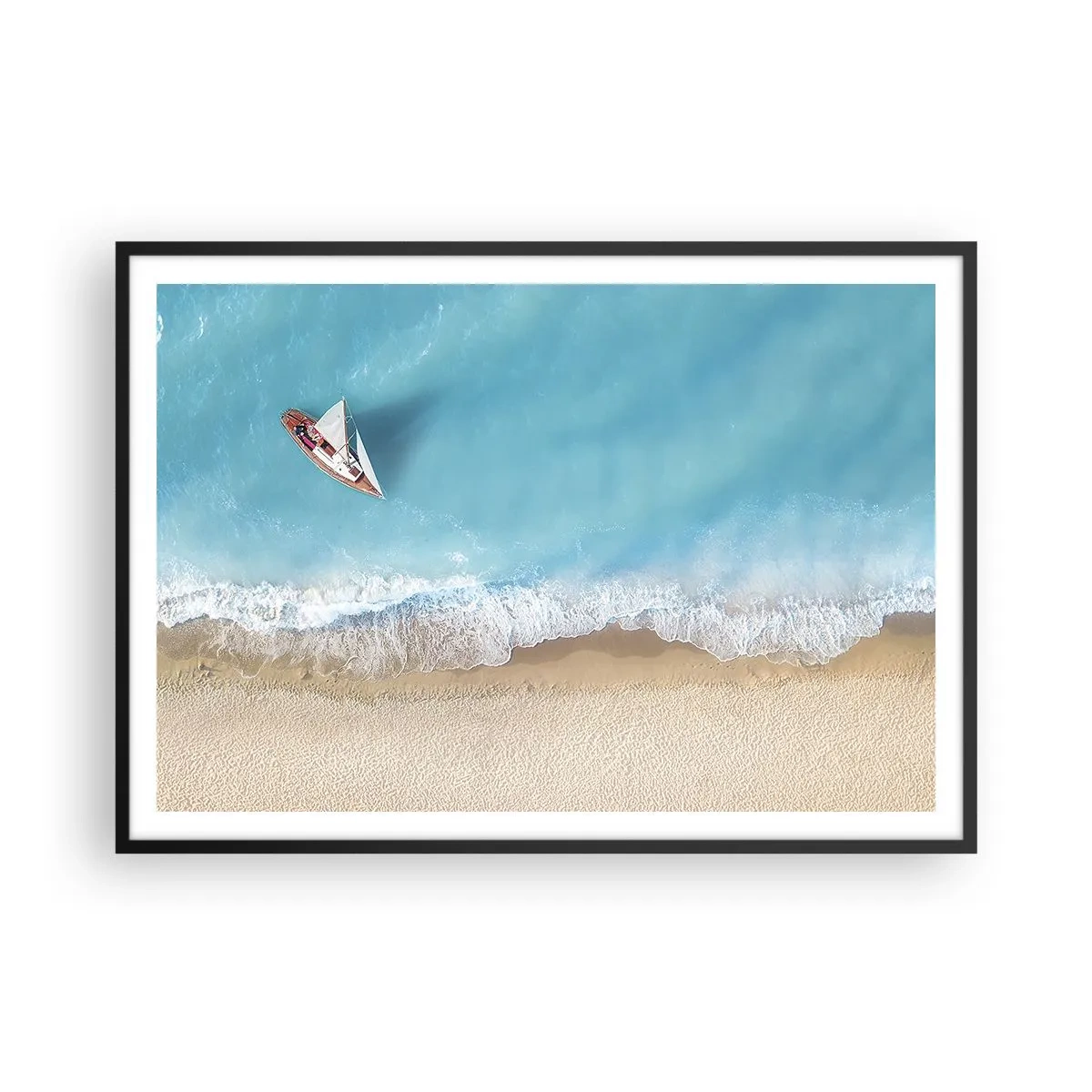Póster en marco negro - Una vista de pájaro de un barco en la playa. - 100x70cm - Frontera celeste y dorada - Decoración de pared moderna para salón y dormitorio ARTTOR