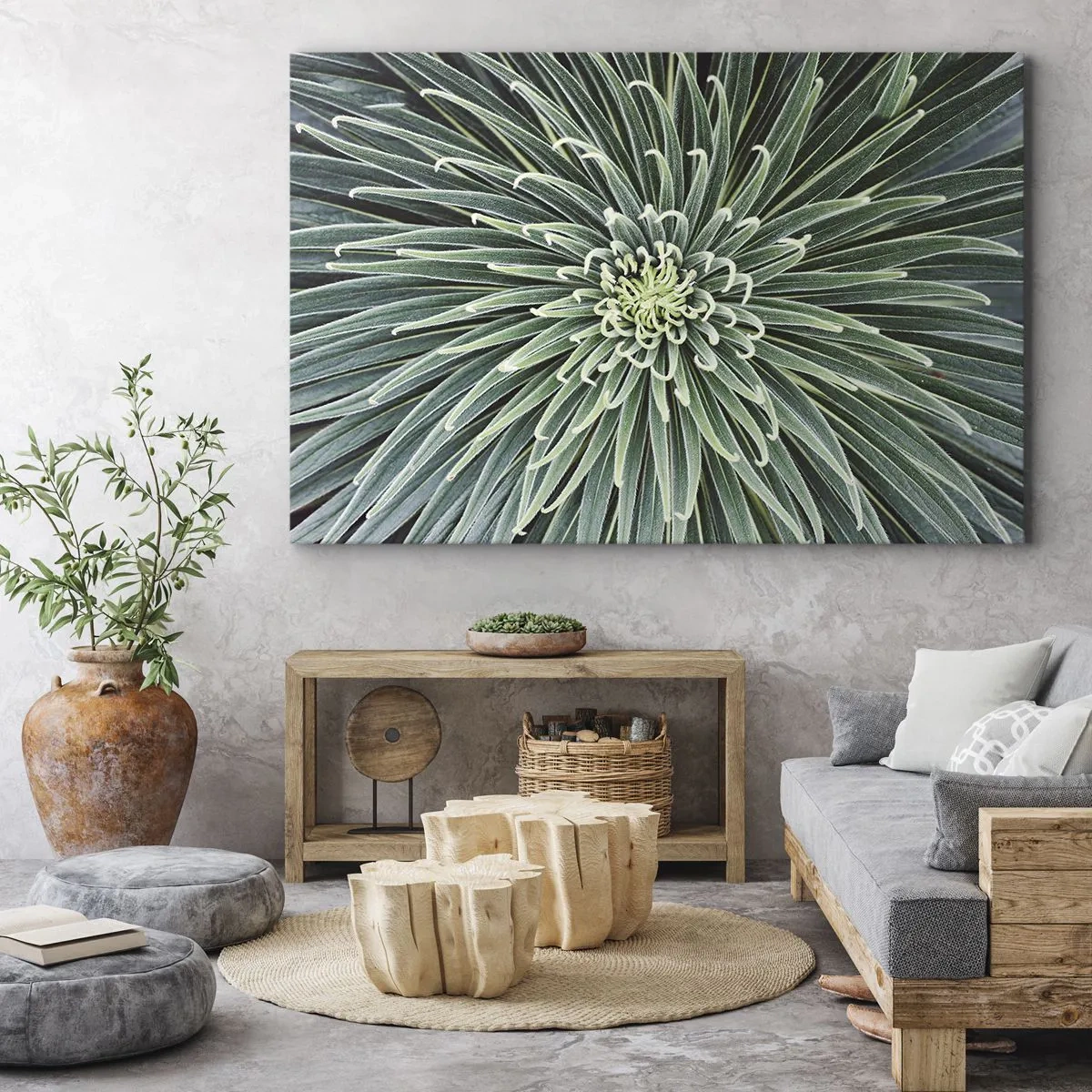 Cuadro sobre lienzo - Impresión de Imagen - Disposición simétrica de hojas verdes que se asemeja a una estrella. - 120x80cm - El nacimiento de una estrella - Decoración de pared moderna para salón y dormitorio ARTTOR