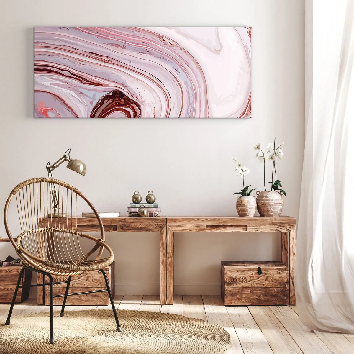 Cuadro sobre lienzo - Impresión de Imagen - Patrón abstracto en rosa y blanco - 160x50cm - Cambio de dirección - Decoración de pared moderna para salón y dormitorio ARTTOR