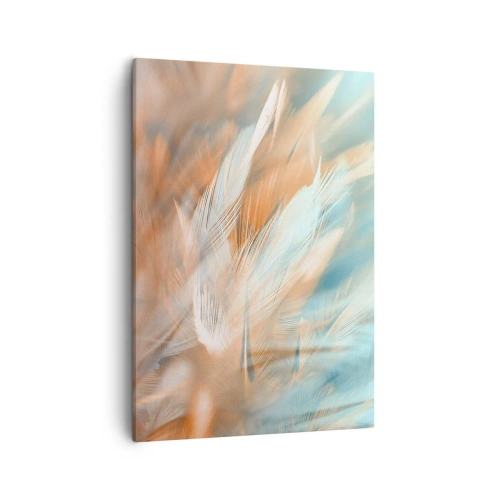 Cuadro sobre lienzo - Impresión de Imagen - Delicadas plumas en tonos pastel de azul y naranja. - 50x70cm - En la tierra de la suavidad - Decoración de pared moderna para salón y dormitorio ARTTOR