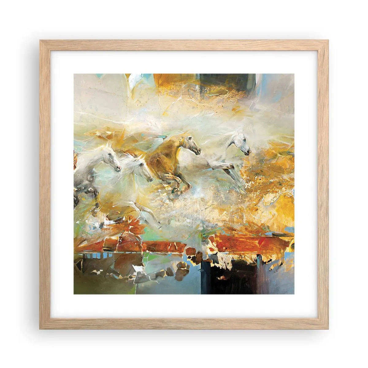 Póster en marco roble claro - Galopando a través de la luz - 40x40 cm