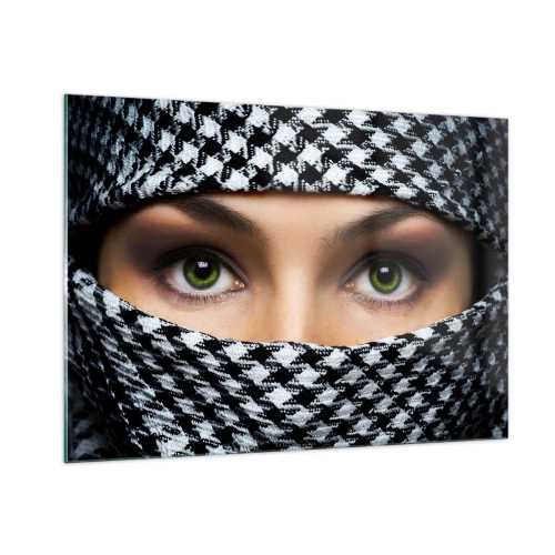 Cuadro sobre vidrio - Impresiones sobre Vidrio - Ojos verdes rodeados de un patrón blanco y negro. - 100x70cm - Hermosa mirada de ojos verdes - Decoración de pared moderna para salón y dormitorio ARTTOR