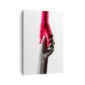 Cuadro sobre lienzo - Impresión de Imagen - Manos simbólicas en plata y rojo. - 70x100cm - Juntos, aunque diferentes - Decoración de pared moderna para salón y dormitorio ARTTOR
