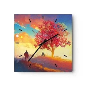 Reloj de pared - Reloj de vidrio - Una figura en una colina junto a un árbol colorido a la luz del sol poniente. - 30x30cm - Un peregrino en su destino - Decoración de pared moderna para salón y dormitorio ARTTOR