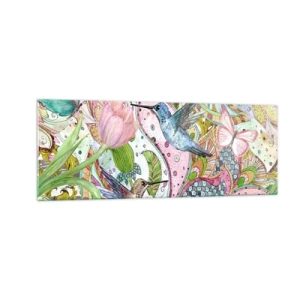 Cuadro sobre vidrio - Impresiones sobre Vidrio - Colibríes y mariposas coloridos entre las plantas. - 140x50cm - Enredado en las vides - Decoración de pared moderna para salón y dormitorio ARTTOR