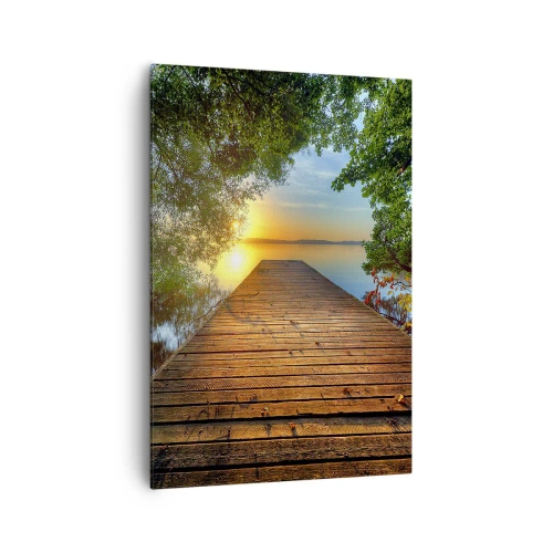 Cuadro sobre lienzo - Impresión de Imagen - Un muelle de madera rodeado de vegetación durante la puesta de sol. - 70x100cm - Tómate tu tiempo, siéntate - Decoración de pared moderna para salón y dormitorio ARTTOR