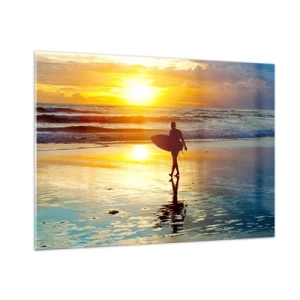 Cuadro sobre vidrio - Impresiones sobre Vidrio - Un surfista caminando por la playa al atardecer con su tabla. - 100x70cm - El regreso del guerrero - Decoración de pared moderna para salón y dormitorio ARTTOR