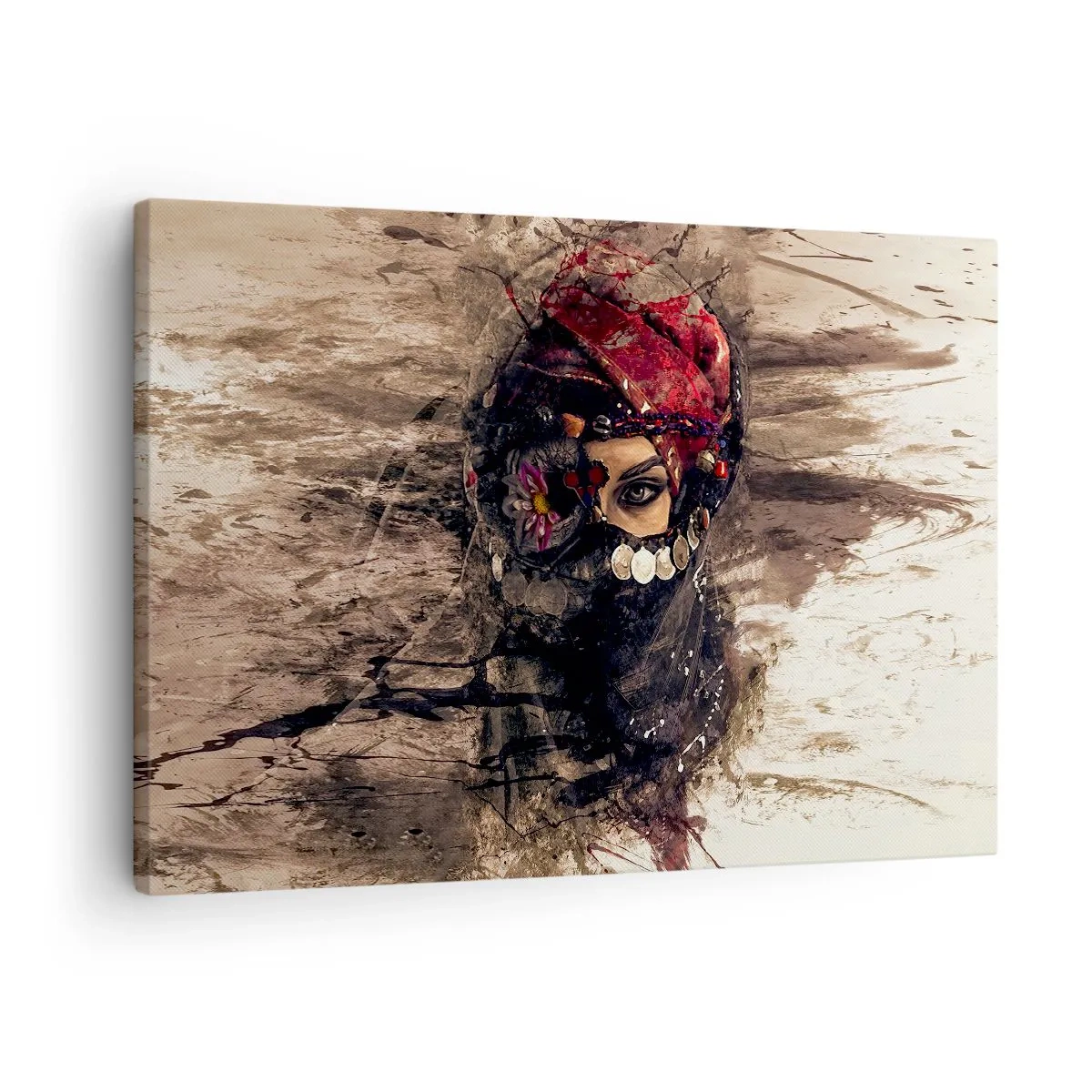 Cuadro sobre lienzo - Impresión de Imagen - Retrato artístico de una mujer con atuendo oriental sobre un fondo abstracto. - 70x50cm - Inquietante, como mínimo - Decoración de pared moderna para salón y dormitorio ARTTOR