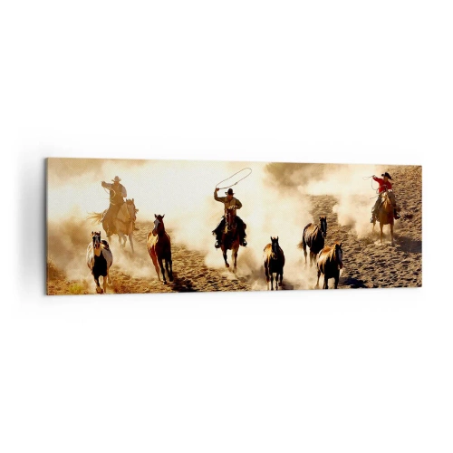 Cuadro sobre lienzo - Impresión de Imagen - Vaqueros a caballo en acción en el terreno desértico. - 160x50cm - El salvaje oeste - Decoración de pared moderna para salón y dormitorio ARTTOR