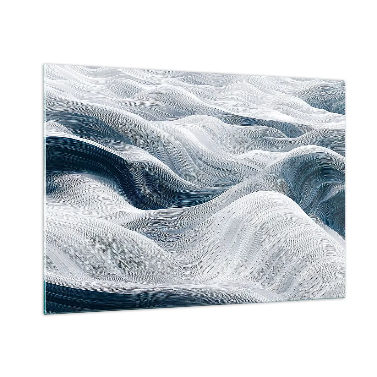 Cuadro sobre vidrio - Impresiones sobre Vidrio - Ondas abstractas en tonos de blanco y azul que crean un efecto de movimiento. - 100x70cm - Olas blancas y azules - Decoración de pared moderna para salón y dormitorio ARTTOR