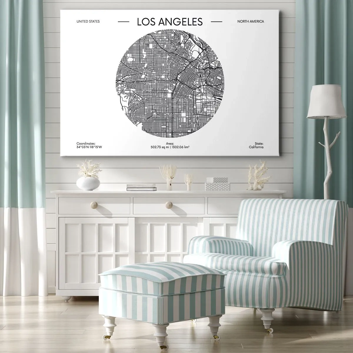 Cuadro sobre lienzo - Impresión de Imagen - Un mapa de Los Ángeles en un estilo minimalista en blanco y negro. - 70x50cm - Anatomía de Los Ángeles - Decoración de pared moderna para salón y dormitorio ARTTOR