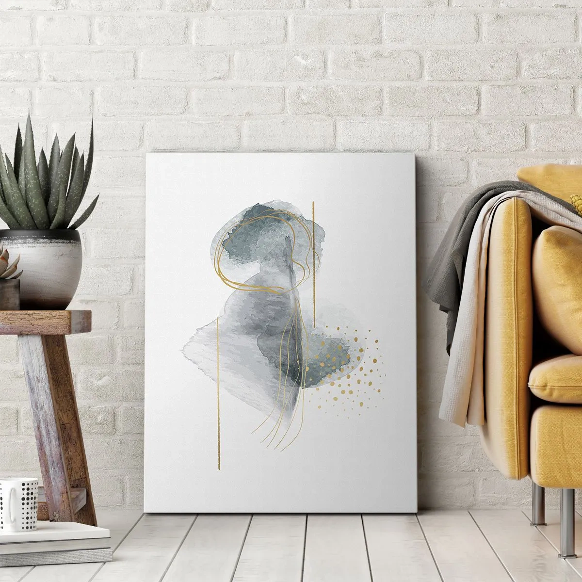 Cuadro sobre lienzo - Impresión de Imagen - Una composición abstracta en tonos turquesa y dorado. - 50x70cm - Sobre la relación entre el gris y el oro - Decoración de pared moderna para salón y dormitorio ARTTOR