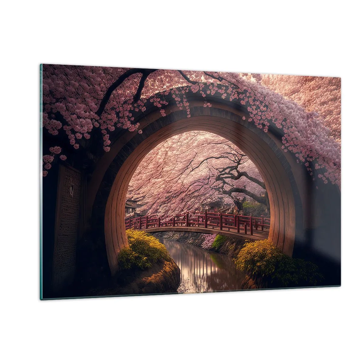 Cuadro sobre vidrio - Impresiones sobre Vidrio - Cerezos en flor y un puente japonés vistos a través de la puerta redonda. - 120x80cm - Primavera japonesa - Decoración de pared moderna para salón y dormitorio ARTTOR