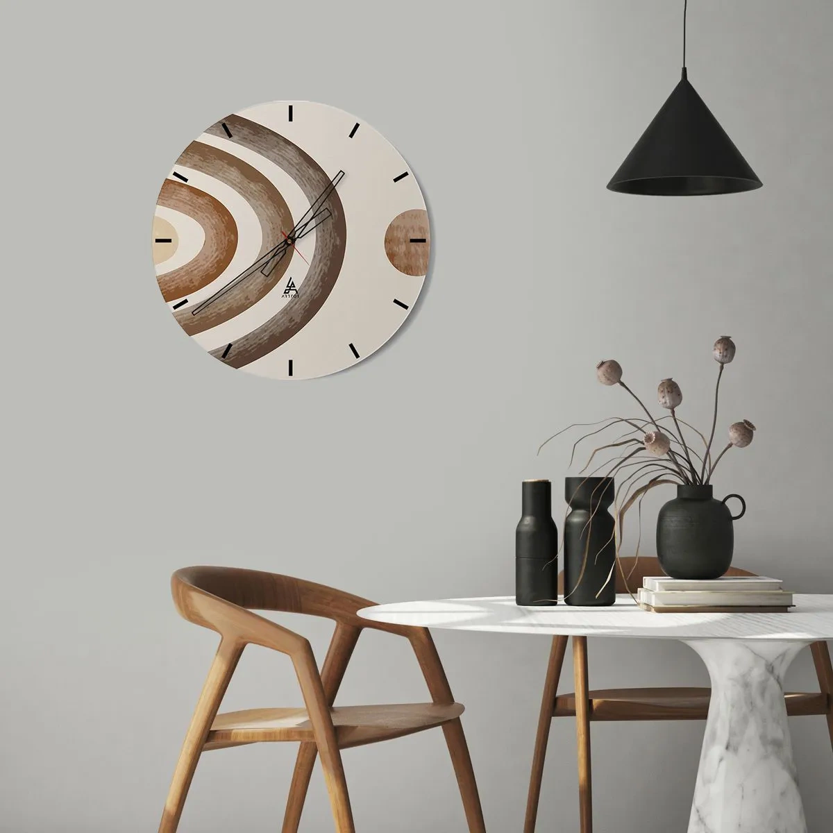 Reloj de pared - Reloj de vidrio - Patrones abstractos en tonos marrones y beige sobre un fondo crema. - 30x30cm - En otro mundo - Decoración de pared moderna para salón, cocina y dormitorio ARTTOR