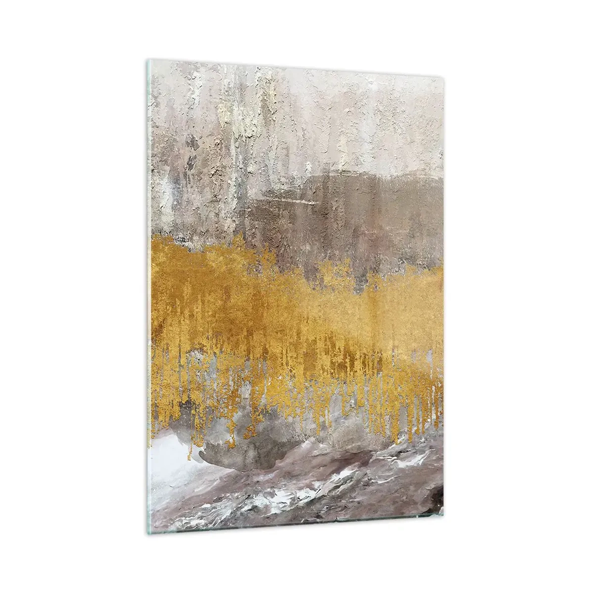 Cuadro sobre vidrio - Impresiones sobre Vidrio - Las estructuras doradas y terrosas crean una abstracción dinámica. - 50x70cm - Una ráfaga dorada - Decoración de pared moderna para salón y dormitorio ARTTOR