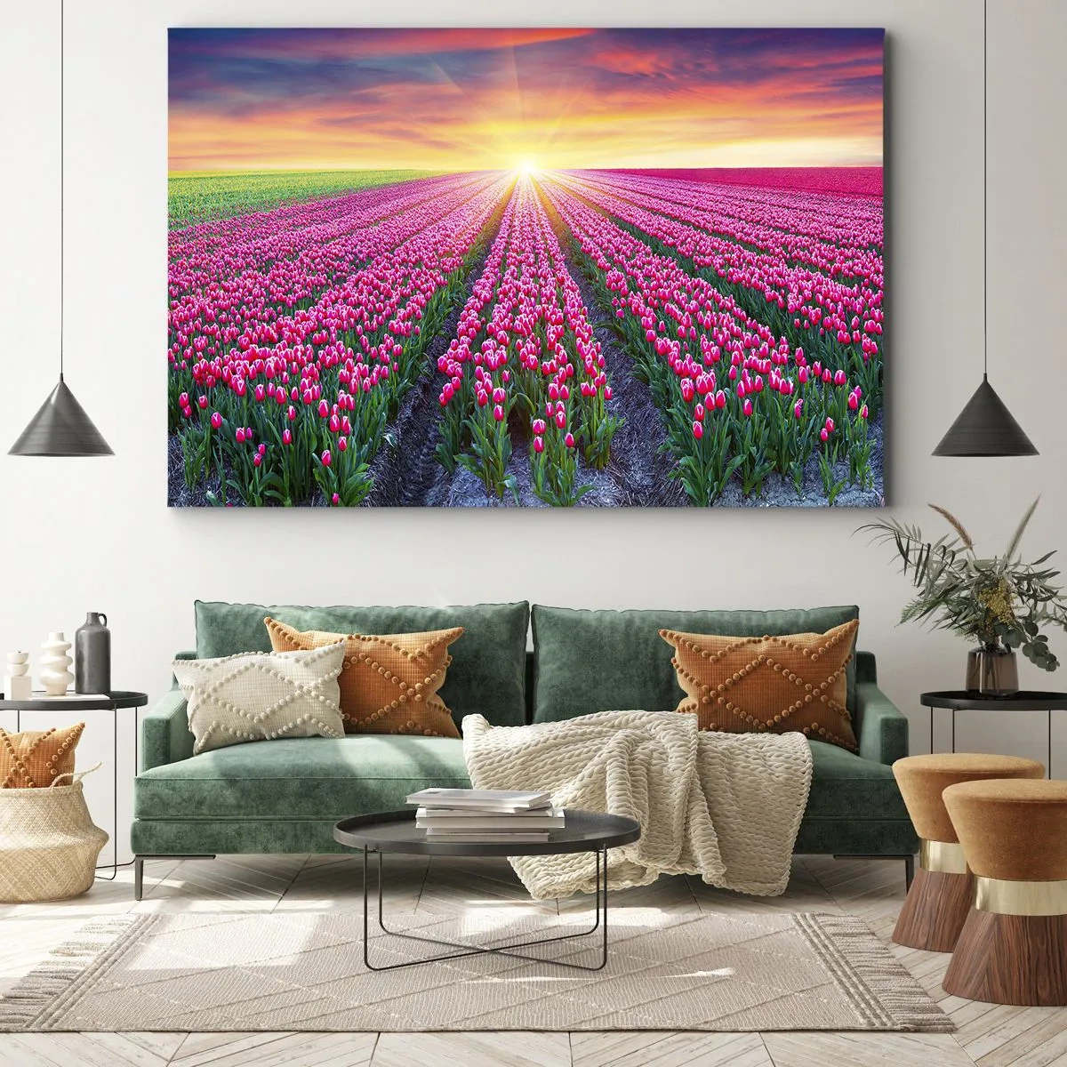 Cuadro sobre lienzo - Impresión de Imagen - Un campo de tulipanes al atardecer - 100x70cm - Granja de belleza - Decoración de pared moderna para salón y dormitorio ARTTOR