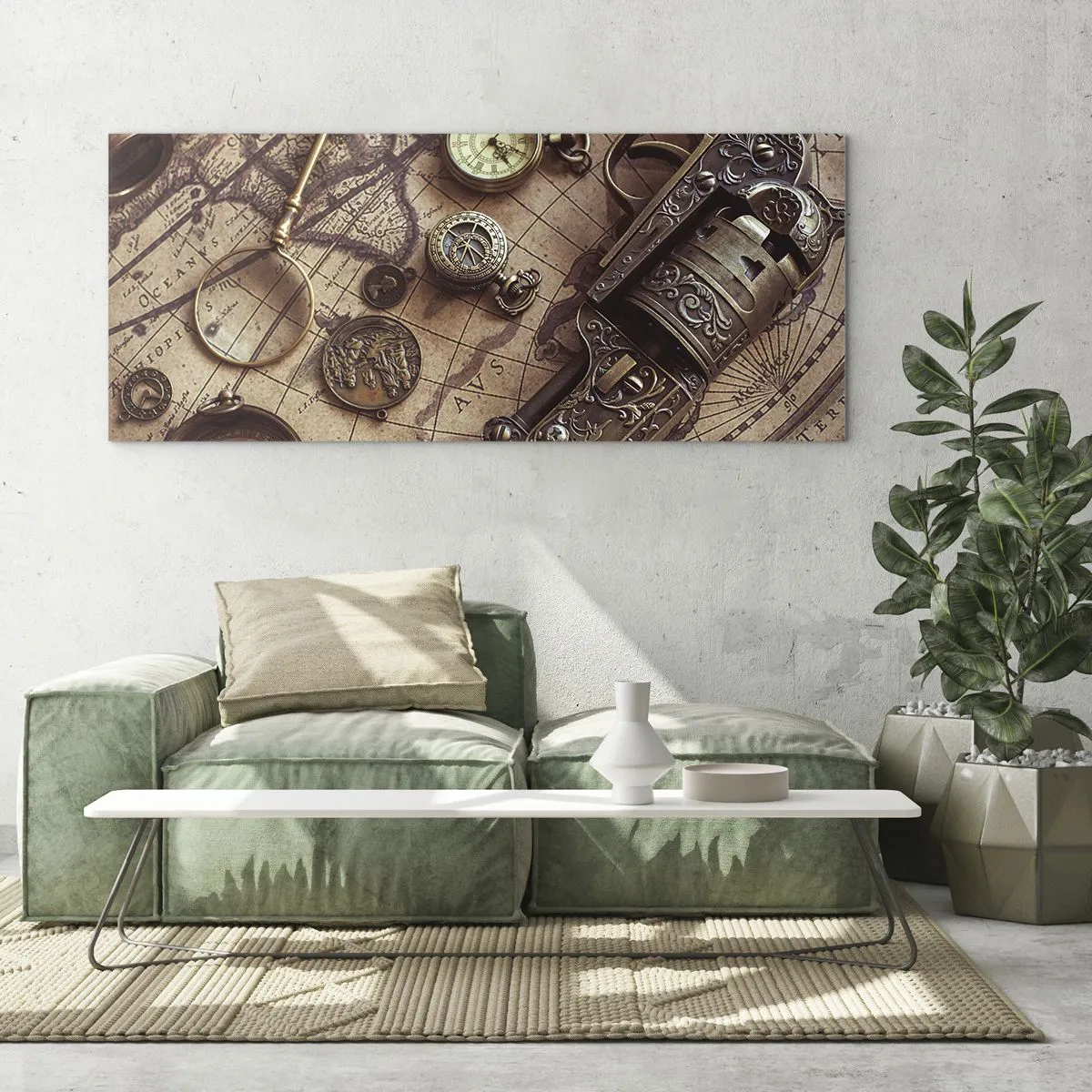 Cuadro sobre vidrio - Impresiones sobre Vidrio - Objetos antiguos en un mapa antiguo en estilo retro. - 140x50cm - La aventura llama - Decoración de pared moderna para salón y dormitorio ARTTOR