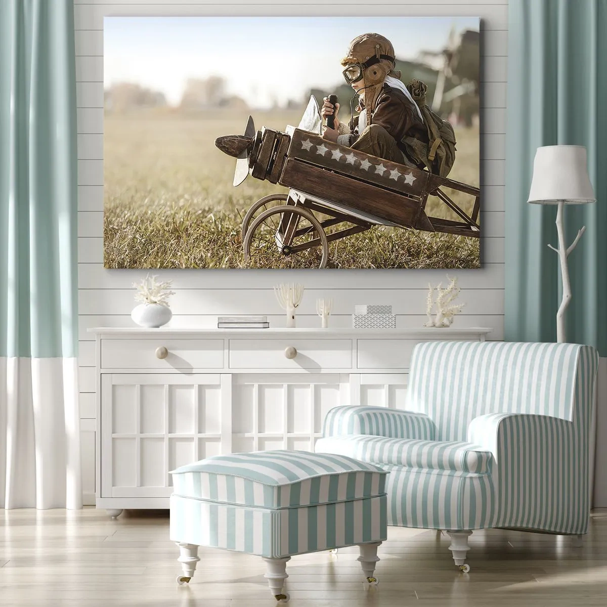 Cuadro sobre lienzo - Impresión de Imagen - Un niño en un avión de juguete con un campo al fondo. - 120x80cm - Despegue hacia un sueño - Decoración de pared moderna para salón y dormitorio ARTTOR