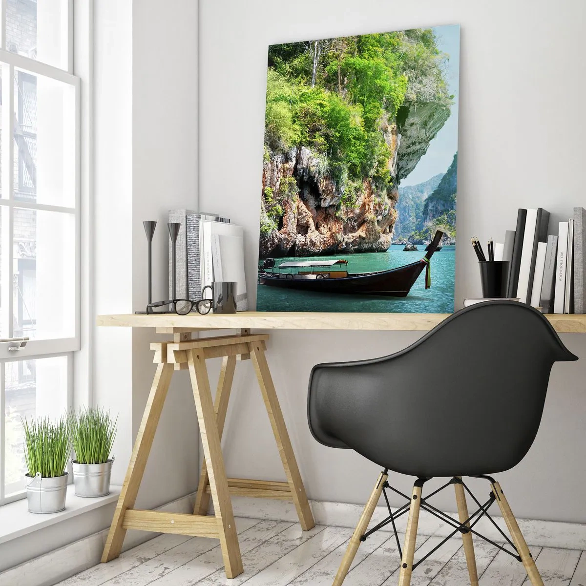 Cuadro sobre vidrio - Impresiones sobre Vidrio - Un barco tradicional con un telón de fondo de acantilados tropicales y aguas turquesas. - 80x120cm - Una invitación a un viaje exótico - Decoración de pared moderna para salón y dormitorio ARTTOR