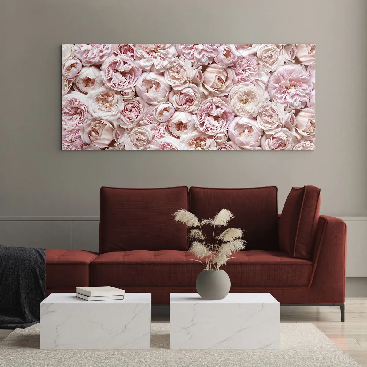 Cuadro sobre vidrio - Impresiones sobre Vidrio - Delicadas rosas en tonos rosa por toda la superficie. - 160x50cm - Salpicado de rosas - Decoración de pared moderna para salón y dormitorio ARTTOR