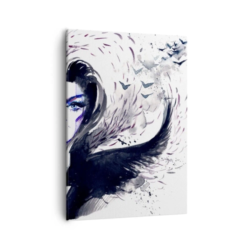 Cuadro sobre lienzo - Impresión de Imagen - Rostro abstracto con elementos contrastantes y motivo de ala. - 50x70cm - Demoníaca y hermosa - Decoración de pared moderna para salón y dormitorio ARTTOR