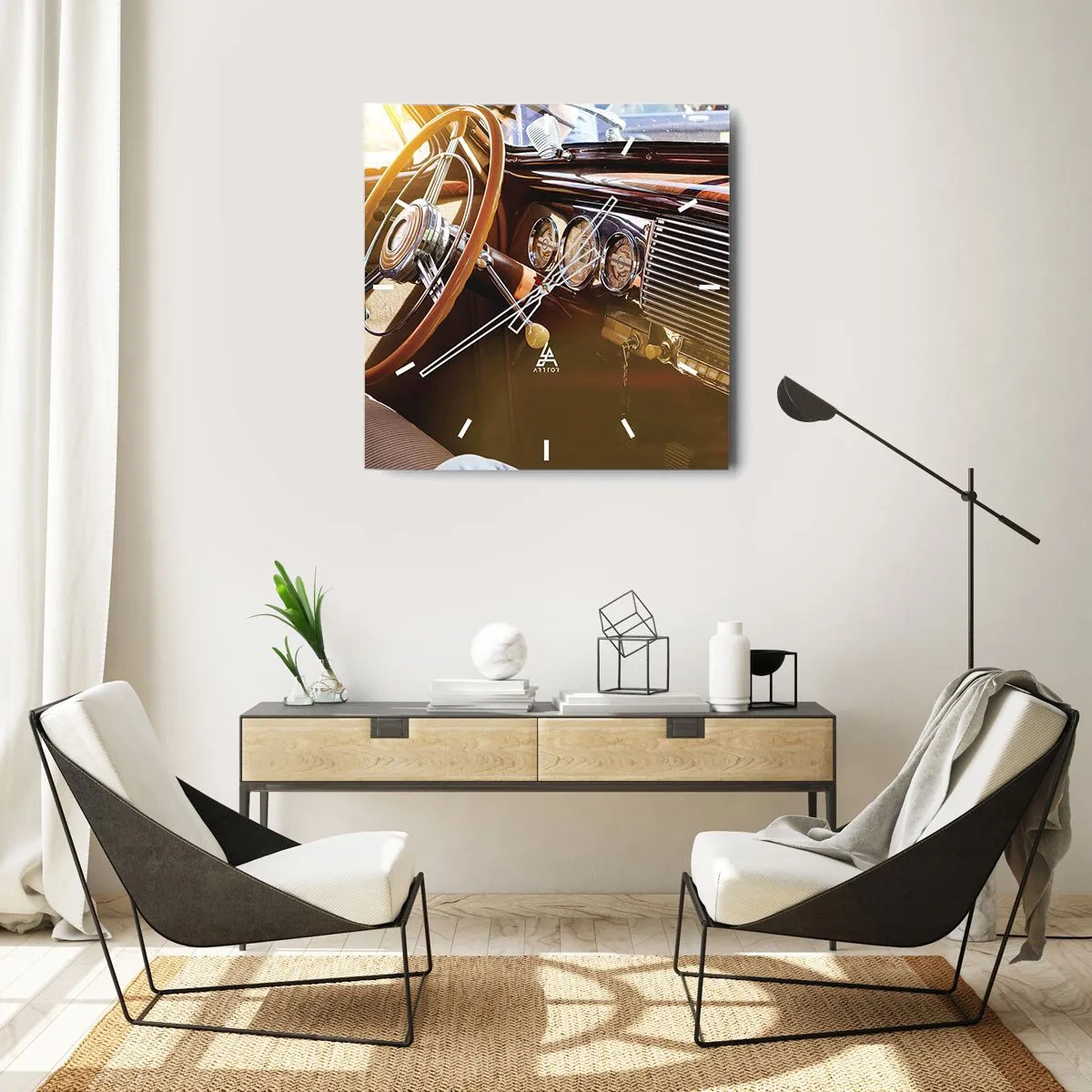 Reloj de pared - Reloj de vidrio - Primer plano del interior de un coche clásico con detalles en madera y cromo. - 30x30cm - Un soplo de lujo del pasado - Decoración de pared moderna para salón y dormitorio ARTTOR