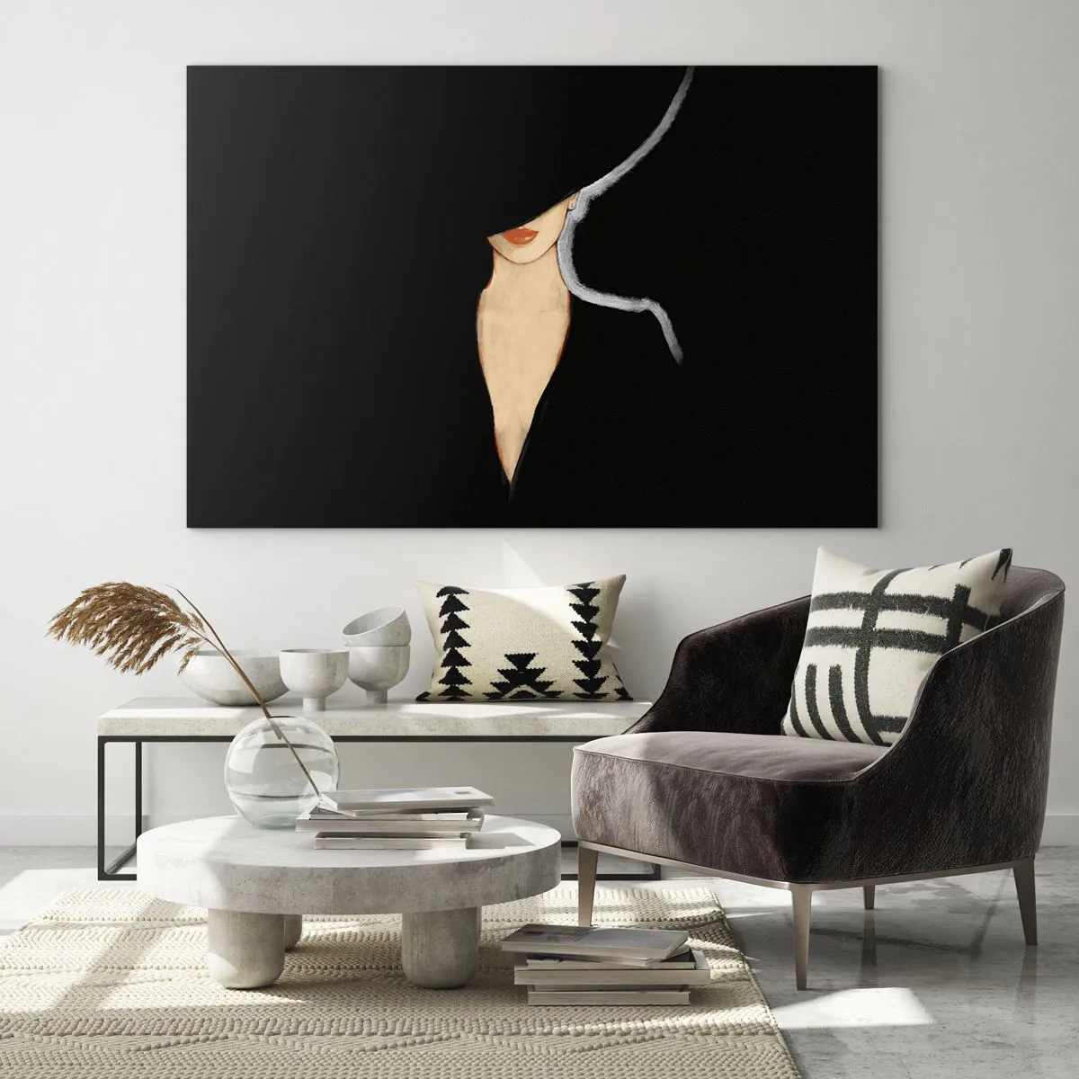 Cuadro sobre vidrio - Impresiones sobre Vidrio - Un retrato sutil de una mujer sobre un fondo negro. - 70x50cm - Elegancia y estilo - Decoración de pared moderna para salón y dormitorio ARTTOR
