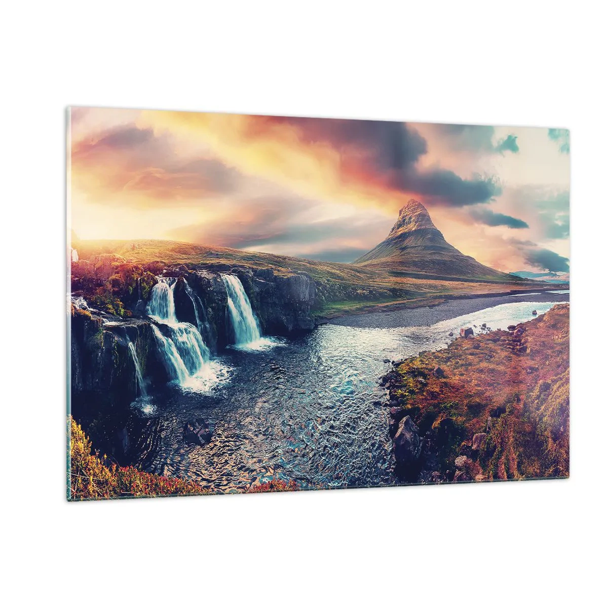 Cuadro sobre vidrio - Impresiones sobre Vidrio - Cascada y montaña al atardecer en el paisaje islandés - 120x80cm - En la majestuosidad de la naturaleza - Decoración de pared moderna para salón y dormitorio ARTTOR