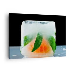 Cuadro sobre lienzo - Impresión de Imagen - Cubito de hielo con naranja y hojas - 70x50cm - Frescura - Decoración de pared moderna para salón y dormitorio ARTTOR