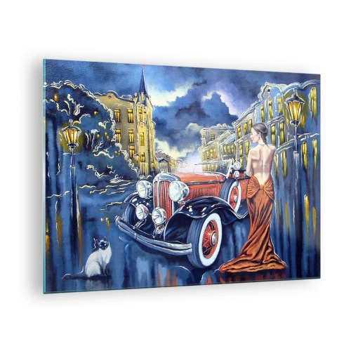 Cuadro sobre vidrio - Impresiones sobre Vidrio - Una mujer con un vestido elegante junto a un coche clásico. - 70x50cm - Noche de romanticismo - Decoración de pared moderna para salón y dormitorio ARTTOR