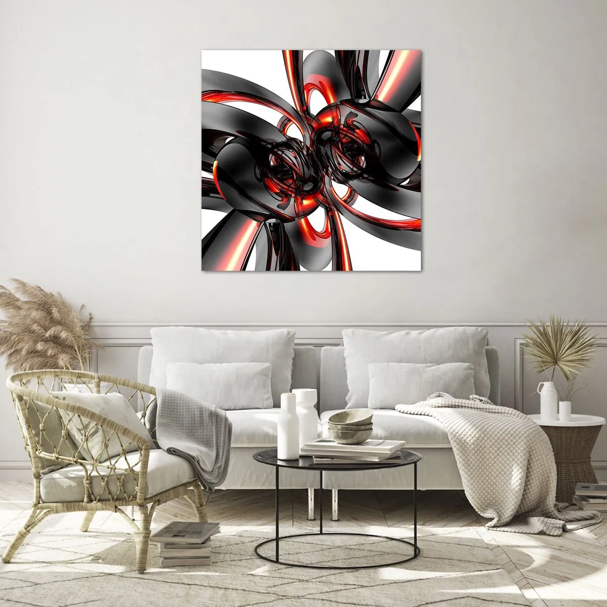 Cuadro sobre vidrio - Impresiones sobre Vidrio - Movimiento en grafito y rojo - 60x60 cm