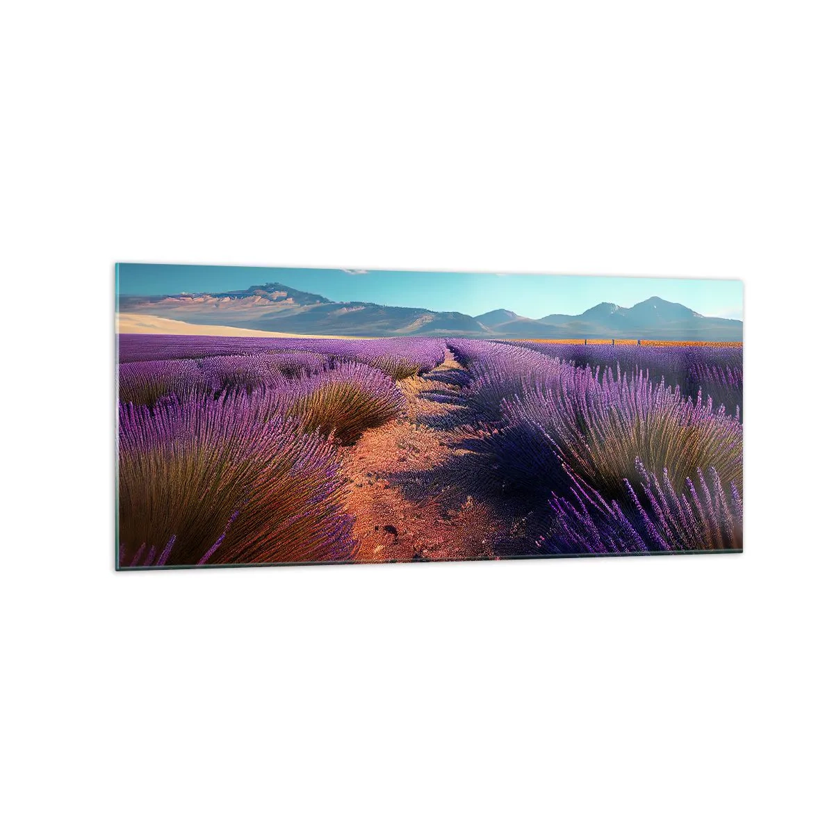 Cuadro sobre vidrio - Impresiones sobre Vidrio - Un campo de lavanda con vistas a las montañas y al cielo azul. - 120x50cm - Campos fragantes - Decoración de pared moderna para salón y dormitorio ARTTOR