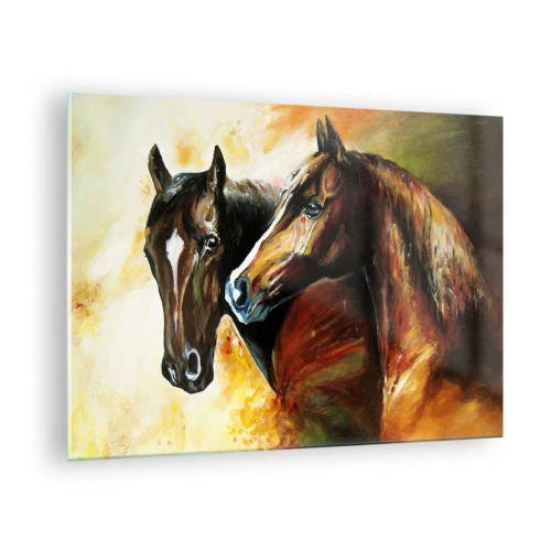 Cuadro sobre vidrio - Impresiones sobre Vidrio - Dos caballos en una composición artística y dinámica. - 70x50cm - El doble de encanto - Decoración de pared moderna para salón y dormitorio ARTTOR